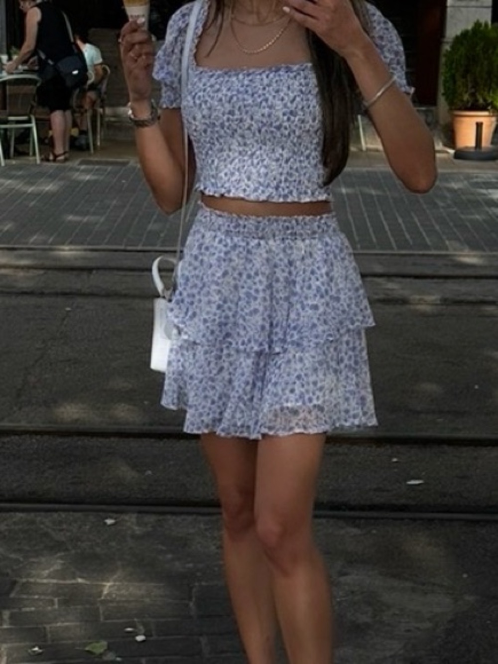 Floral Tiered Mini Skirt and top set - Light Blue